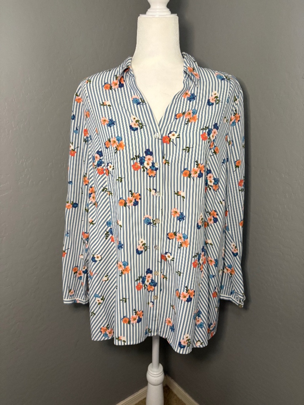 J.JILL Floral Striped Button Down Blouse (XL- Petite)